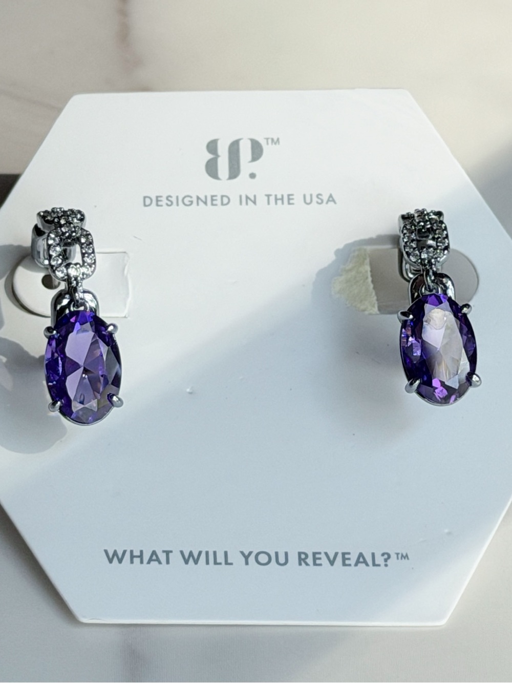 Bomb Party Purple Topaz CZ Dangle Earrings “Waiting On A Sign” Hematite Plated